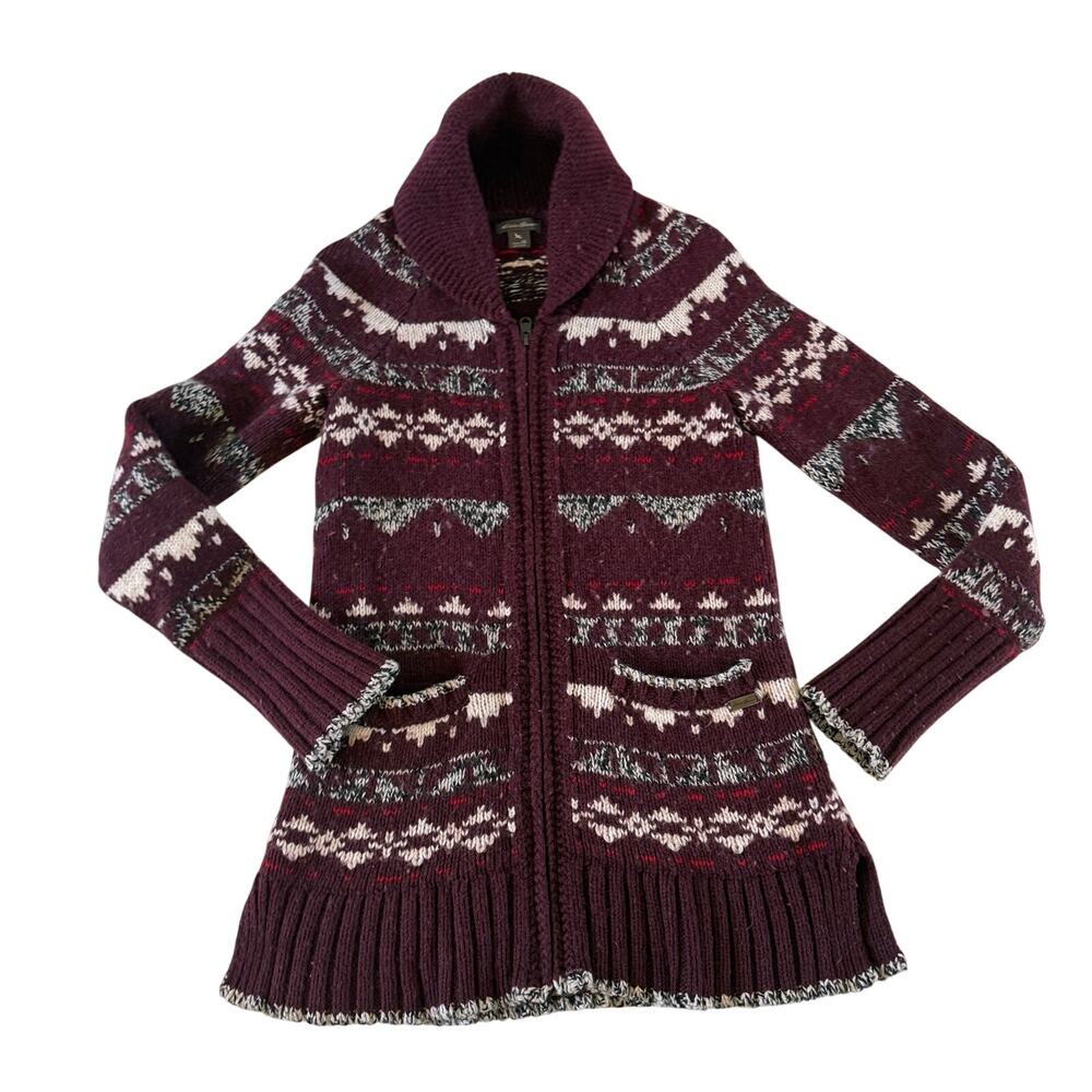 Eddie Bauer Maroon Wool Blend Zip Cardigan Sz XS Fair Isle Holiday